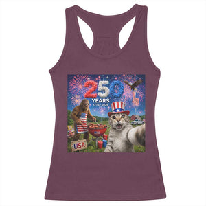 Cat Selfie with Bigfoot USA 250 Years Racerback Tank Top Funny 4th Of July Cat Graphic TS11 Maroon Print Your Wear