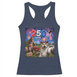 Cat Selfie with Bigfoot USA 250 Years Racerback Tank Top Funny 4th Of July Cat Graphic TS11 Navy Print Your Wear