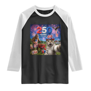 Cat Selfie with Bigfoot USA 250 Years Raglan Shirt Funny 4th Of July Cat Graphic TS11 Black White Print Your Wear