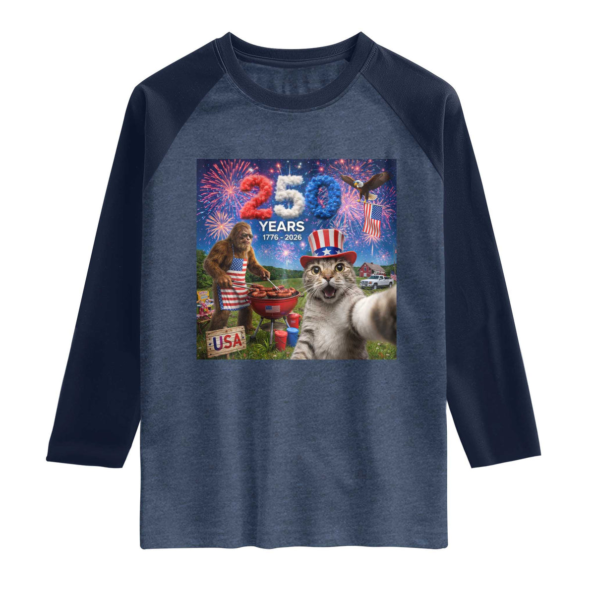 Cat Selfie with Bigfoot USA 250 Years Raglan Shirt Funny 4th Of July Cat Graphic TS11 Heather Denim Navy Print Your Wear