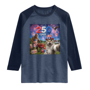 Cat Selfie with Bigfoot USA 250 Years Raglan Shirt Funny 4th Of July Cat Graphic TS11 Heather Denim Navy Print Your Wear