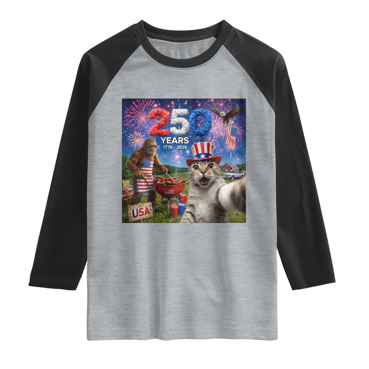 Cat Selfie with Bigfoot USA 250 Years Raglan Shirt Funny 4th Of July Cat Graphic TS11 Heather Gray Black Print Your Wear