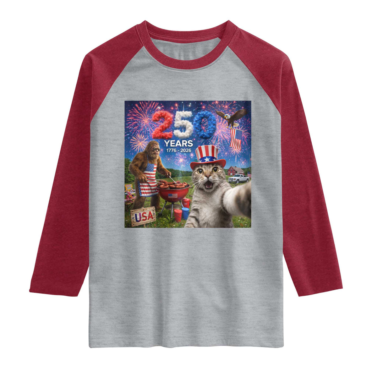 Cat Selfie with Bigfoot USA 250 Years Raglan Shirt Funny 4th Of July Cat Graphic TS11 Heather Gray Heather Red Print Your Wear