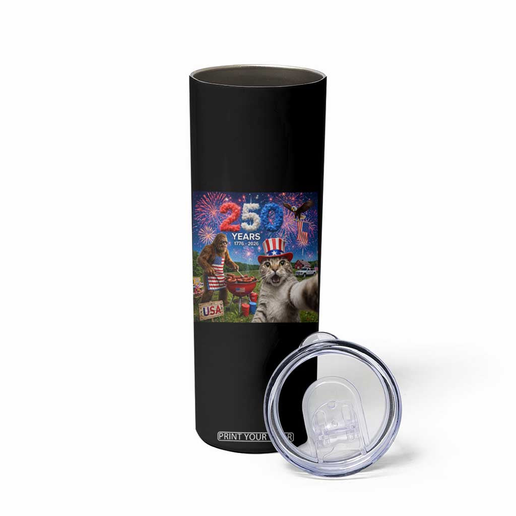 Cat Selfie with Bigfoot USA 250 Years Skinny Tumbler Funny 4th Of July Cat Graphic TS11 Print Your Wear