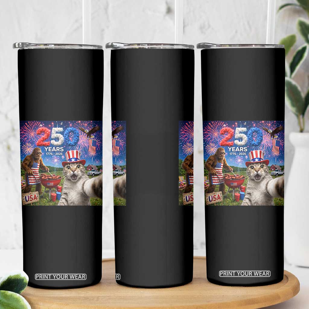 Cat Selfie with Bigfoot USA 250 Years Skinny Tumbler Funny 4th Of July Cat Graphic TS11 Print Your Wear