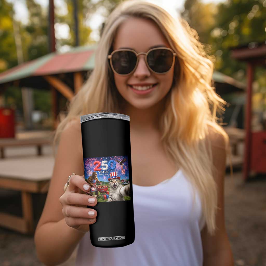 Cat Selfie with Bigfoot USA 250 Years Skinny Tumbler Funny 4th Of July Cat Graphic TS11 Print Your Wear