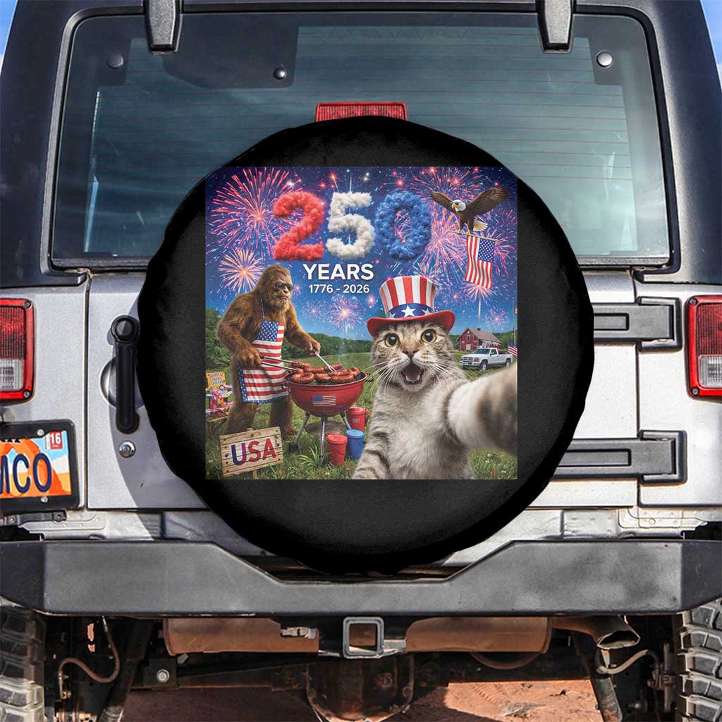 Cat Selfie with Bigfoot USA 250 Years Spare Tire Cover Funny 4th Of July Cat Graphic TS11 No hole Black Print Your Wear