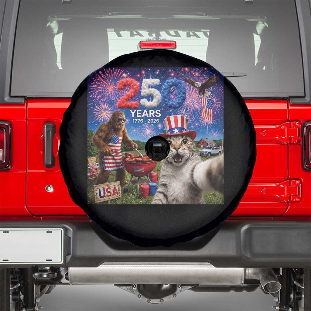 Cat Selfie with Bigfoot USA 250 Years Spare Tire Cover Funny 4th Of July Cat Graphic TS11 Black Print Your Wear