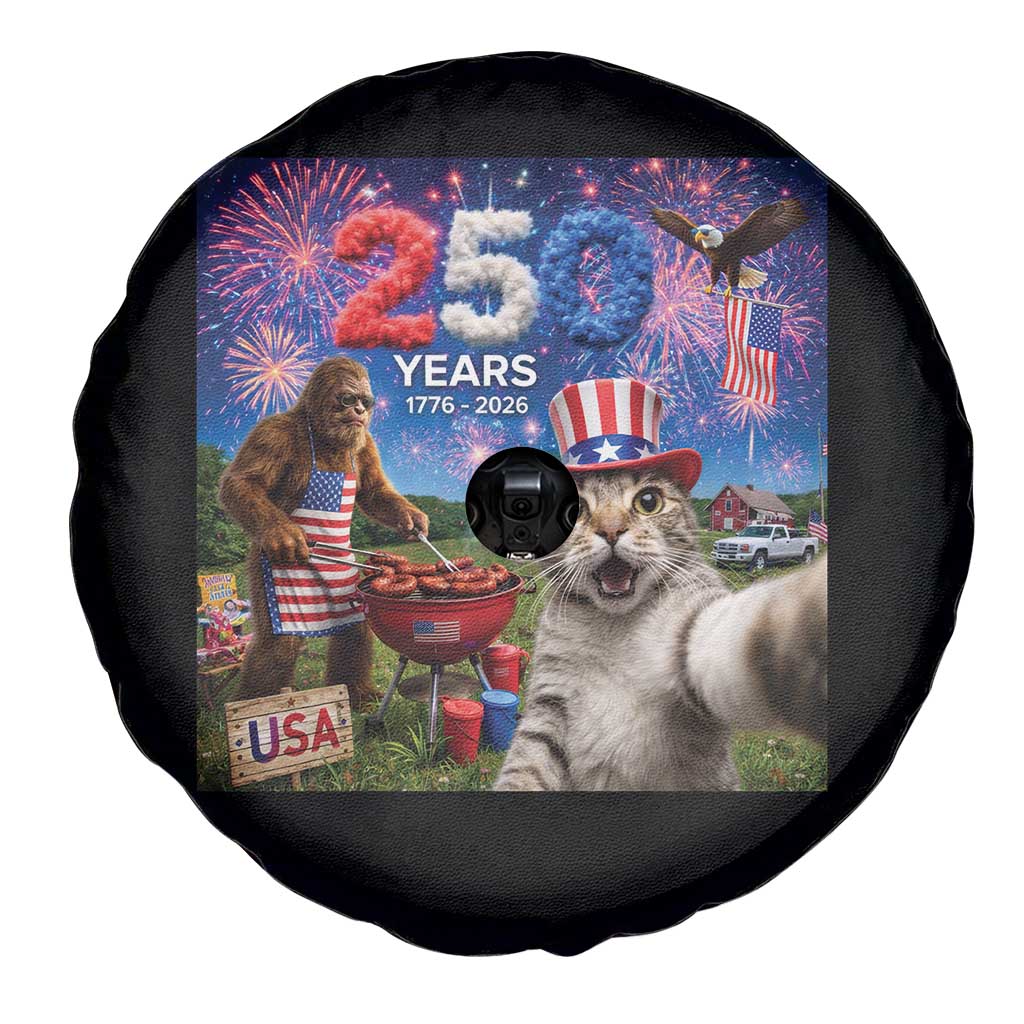 Cat Selfie with Bigfoot USA 250 Years Spare Tire Cover Funny 4th Of July Cat Graphic TS11 Print Your Wear