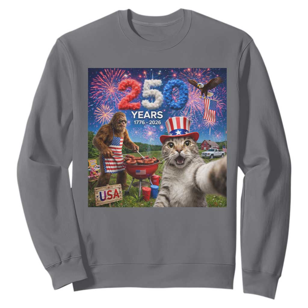 Cat Selfie with Bigfoot USA 250 Years Sweatshirt Funny 4th Of July Cat Graphic TS11 Charcoal Print Your Wear