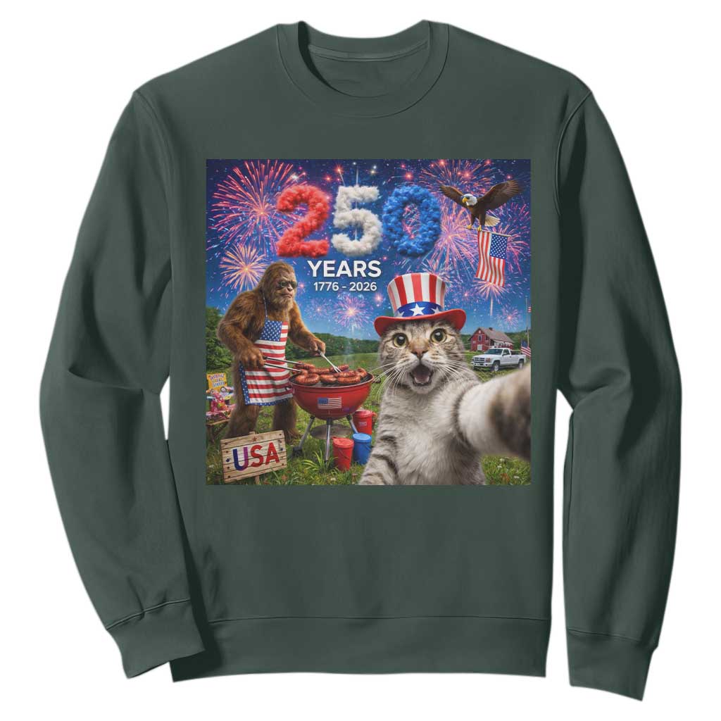 Cat Selfie with Bigfoot USA 250 Years Sweatshirt Funny 4th Of July Cat Graphic TS11 Dark Forest Green Print Your Wear