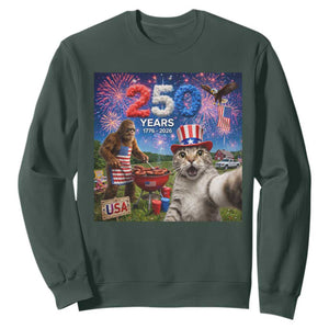 Cat Selfie with Bigfoot USA 250 Years Sweatshirt Funny 4th Of July Cat Graphic TS11 Dark Forest Green Print Your Wear