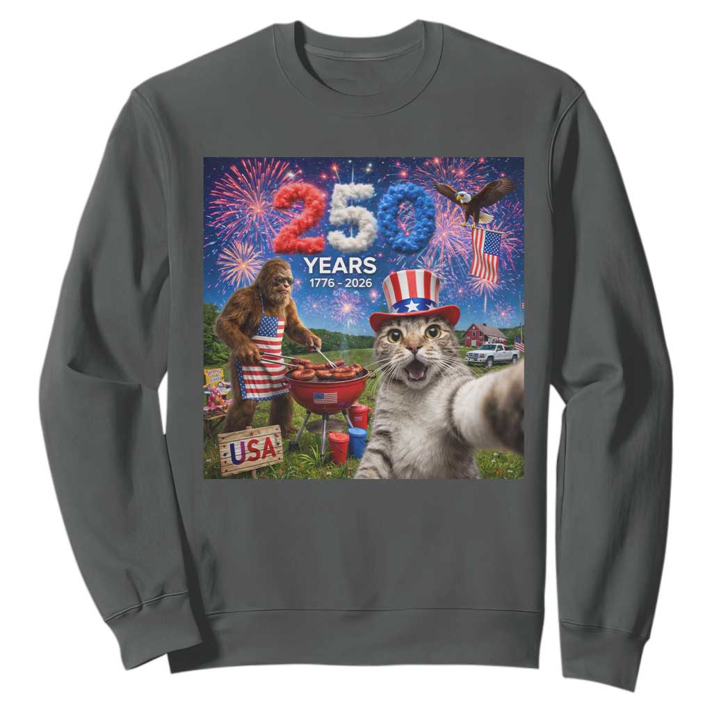 Cat Selfie with Bigfoot USA 250 Years Sweatshirt Funny 4th Of July Cat Graphic TS11 Dark Heather Print Your Wear