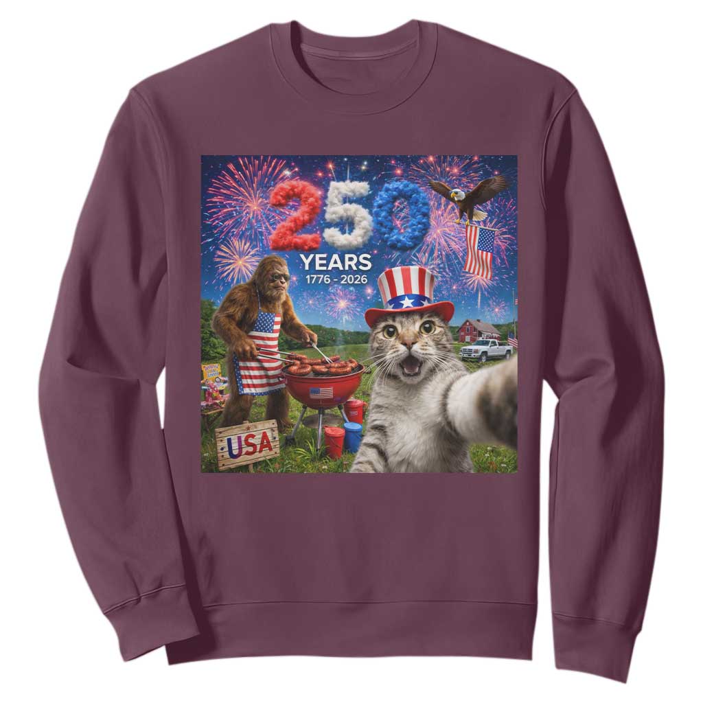 Cat Selfie with Bigfoot USA 250 Years Sweatshirt Funny 4th Of July Cat Graphic TS11 Maroon Print Your Wear