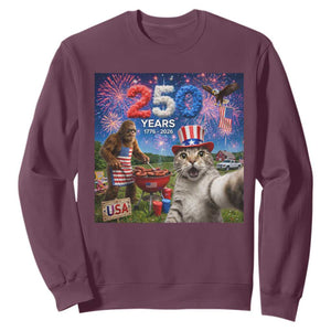 Cat Selfie with Bigfoot USA 250 Years Sweatshirt Funny 4th Of July Cat Graphic TS11 Maroon Print Your Wear