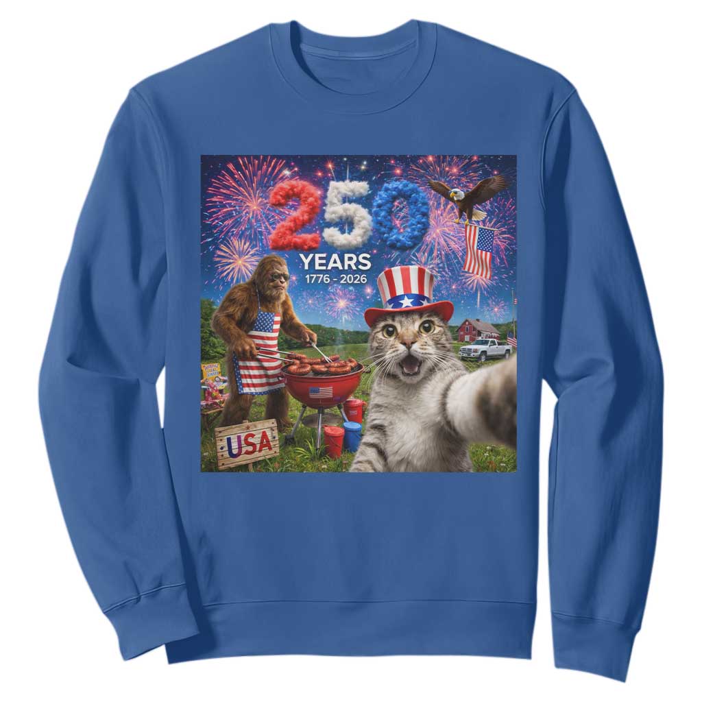 Cat Selfie with Bigfoot USA 250 Years Sweatshirt Funny 4th Of July Cat Graphic TS11 Royal Blue Print Your Wear