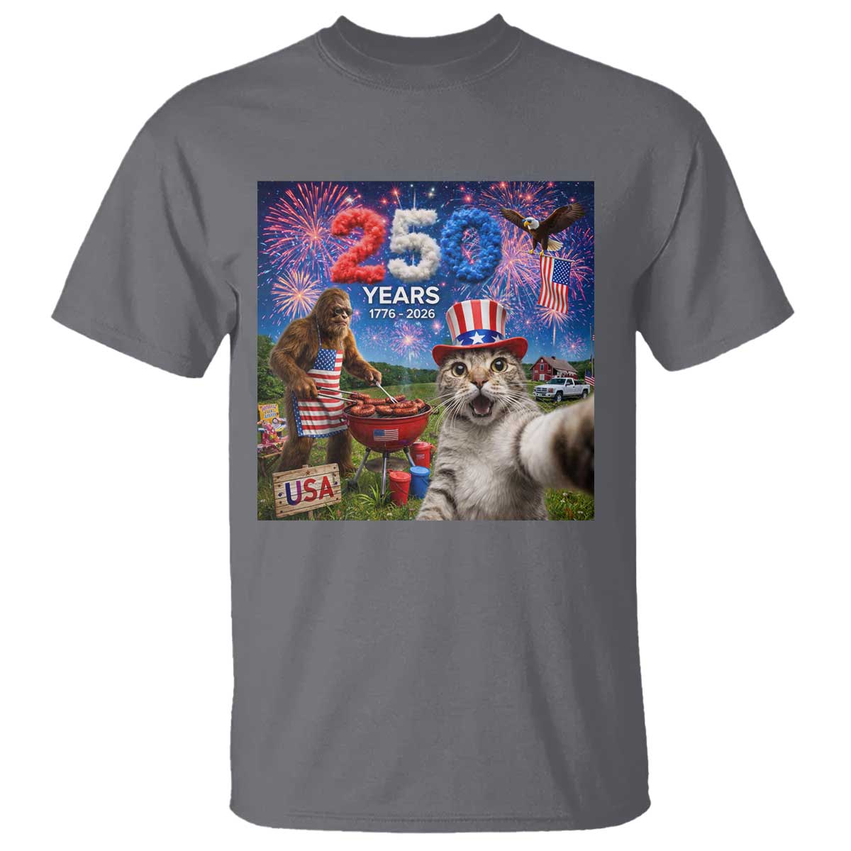 Cat Selfie with Bigfoot USA 250 Years T Shirt Funny 4th Of July Cat Graphic TS11 Charcoal Print Your Wear
