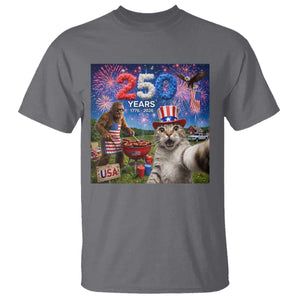 Cat Selfie with Bigfoot USA 250 Years T Shirt Funny 4th Of July Cat Graphic TS11 Charcoal Print Your Wear