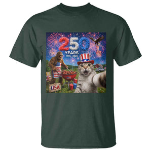 Cat Selfie with Bigfoot USA 250 Years T Shirt Funny 4th Of July Cat Graphic TS11 Dark Forest Green Print Your Wear