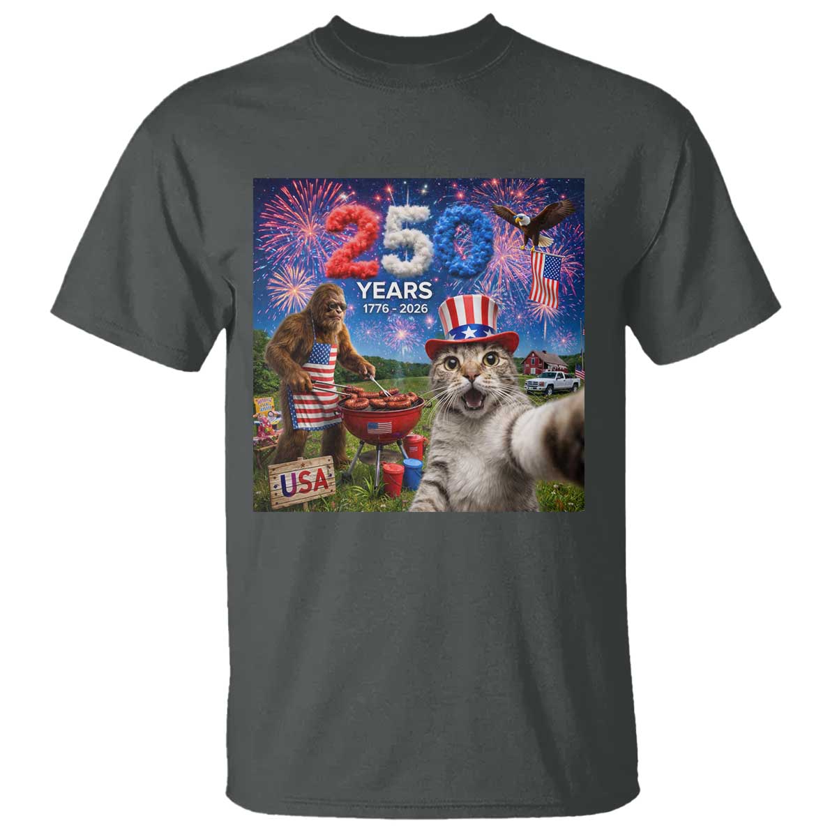 Cat Selfie with Bigfoot USA 250 Years T Shirt Funny 4th Of July Cat Graphic TS11 Dark Heather Print Your Wear