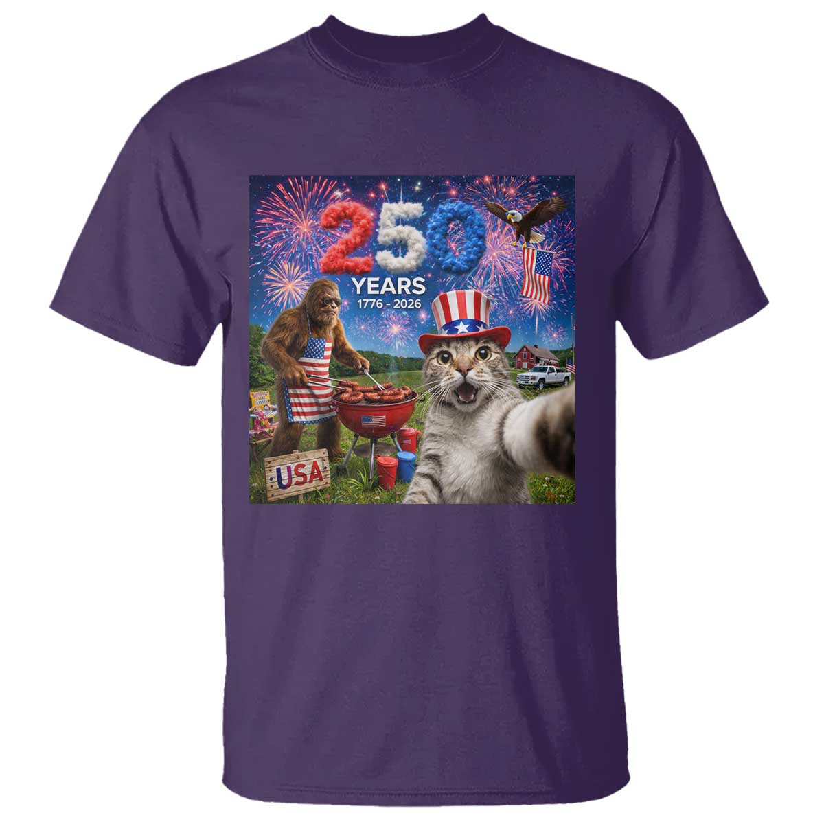 Cat Selfie with Bigfoot USA 250 Years T Shirt Funny 4th Of July Cat Graphic TS11 Purple Print Your Wear