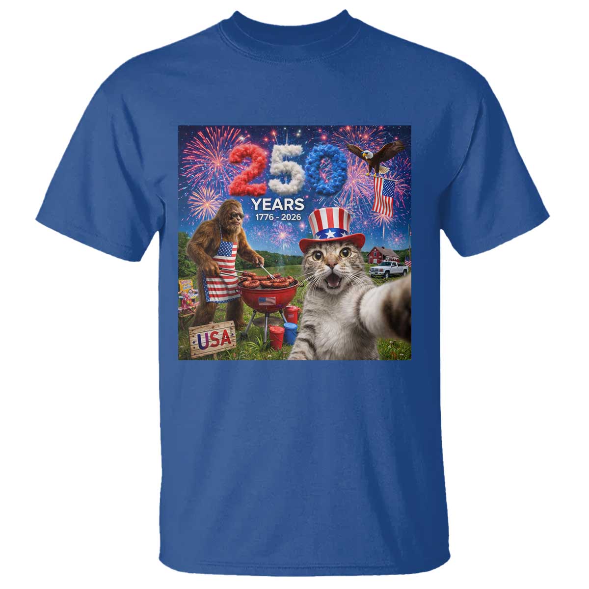 Cat Selfie with Bigfoot USA 250 Years T Shirt Funny 4th Of July Cat Graphic TS11 Royal Blue Print Your Wear