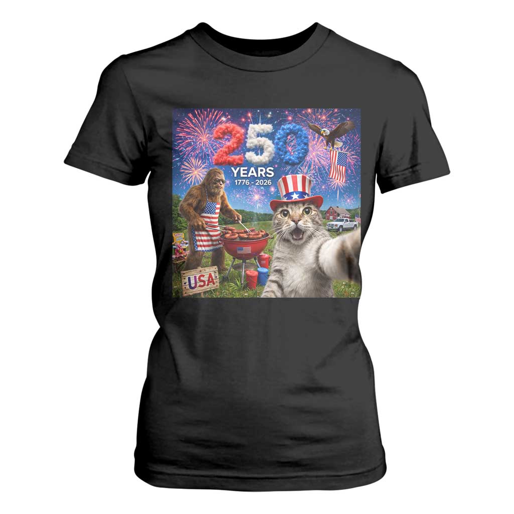 Cat Selfie with Bigfoot USA 250 Years T Shirt For Women Funny 4th Of July Cat Graphic TS11 Black Print Your Wear