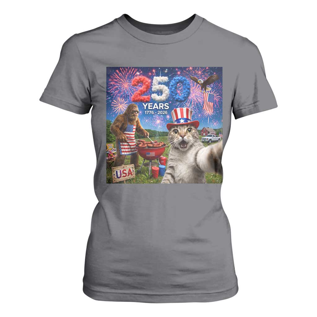 Cat Selfie with Bigfoot USA 250 Years T Shirt For Women Funny 4th Of July Cat Graphic TS11 Charcoal Print Your Wear