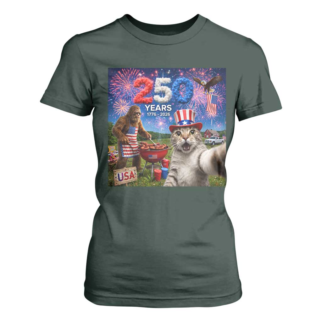 Cat Selfie with Bigfoot USA 250 Years T Shirt For Women Funny 4th Of July Cat Graphic TS11 Dark Forest Green Print Your Wear