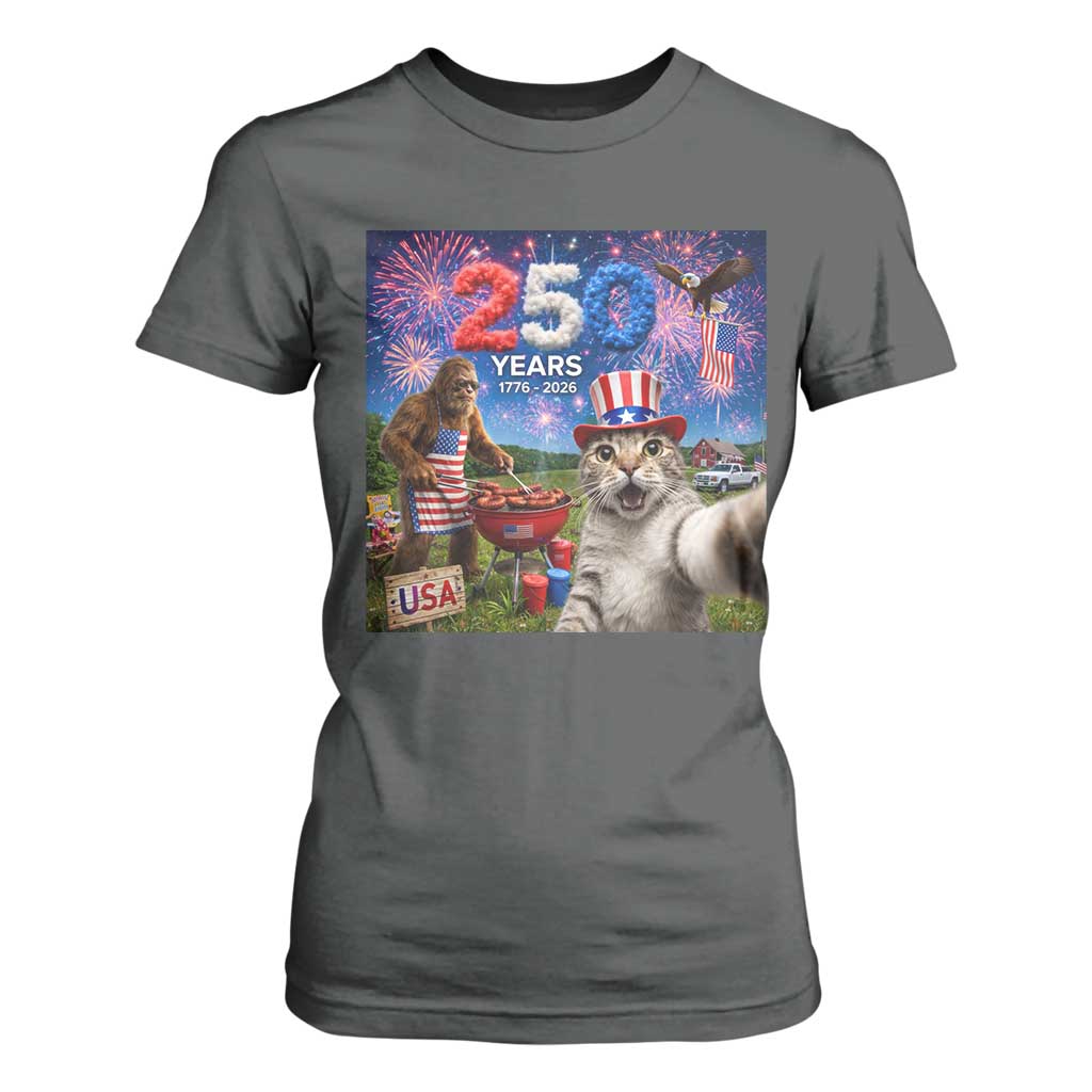 Cat Selfie with Bigfoot USA 250 Years T Shirt For Women Funny 4th Of July Cat Graphic TS11 Dark Heather Print Your Wear