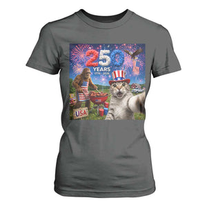 Cat Selfie with Bigfoot USA 250 Years T Shirt For Women Funny 4th Of July Cat Graphic TS11 Dark Heather Print Your Wear
