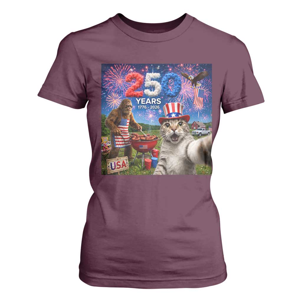 Cat Selfie with Bigfoot USA 250 Years T Shirt For Women Funny 4th Of July Cat Graphic TS11 Maroon Print Your Wear