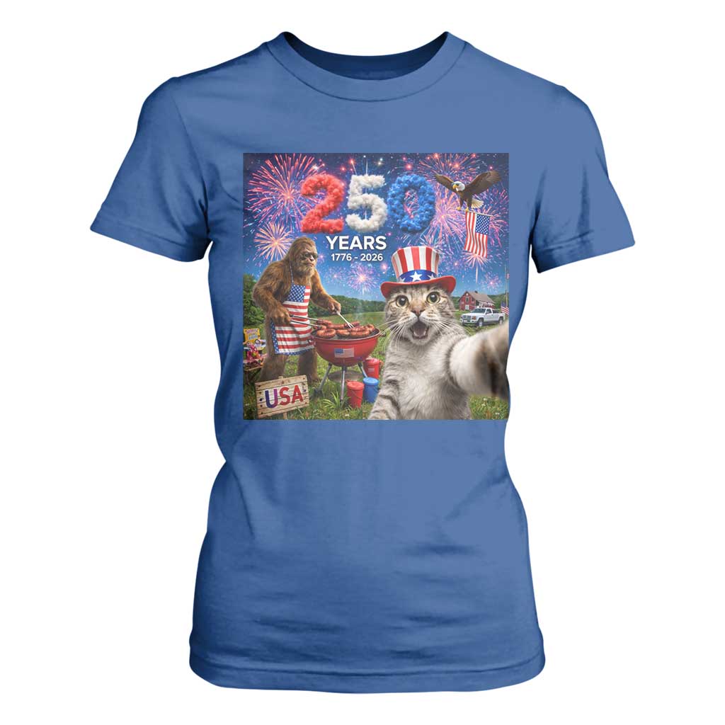 Cat Selfie with Bigfoot USA 250 Years T Shirt For Women Funny 4th Of July Cat Graphic TS11 Royal Blue Print Your Wear
