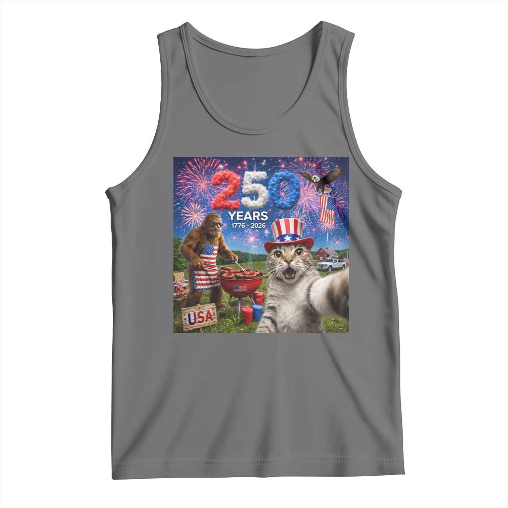 Cat Selfie with Bigfoot USA 250 Years Tank Top Funny 4th Of July Cat Graphic TS11 Black Heather Print Your Wear