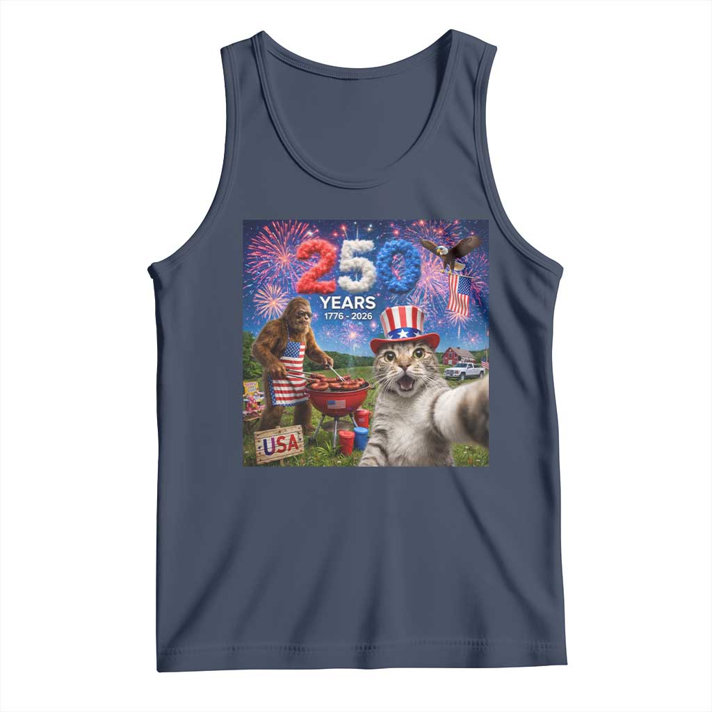 Cat Selfie with Bigfoot USA 250 Years Tank Top Funny 4th Of July Cat Graphic TS11 Navy Print Your Wear