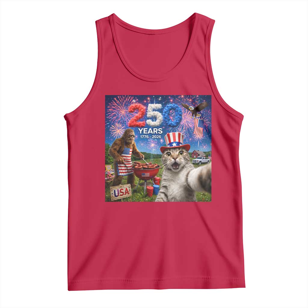 Cat Selfie with Bigfoot USA 250 Years Tank Top Funny 4th Of July Cat Graphic TS11 Red Print Your Wear