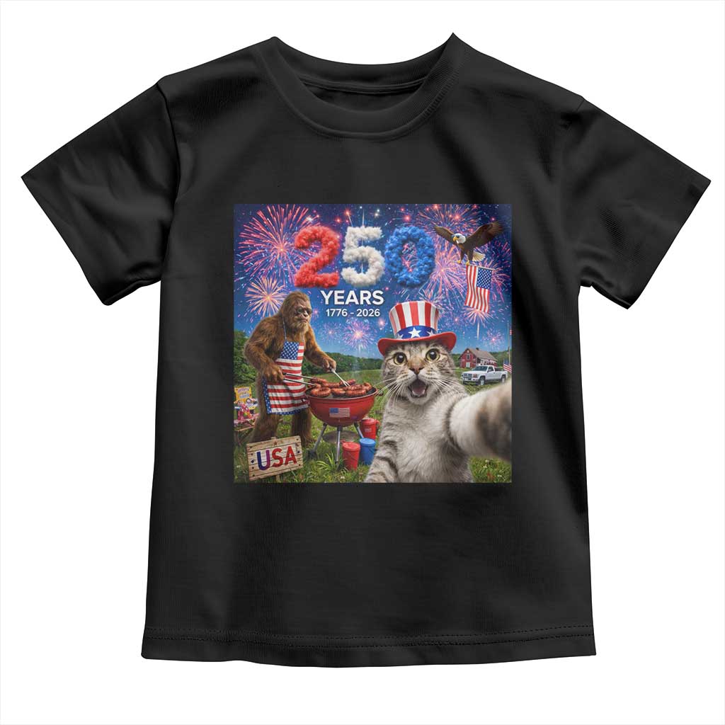 Cat Selfie with Bigfoot USA 250 Years Toddler T Shirt Funny 4th Of July Cat Graphic TS11 Black Print Your Wear