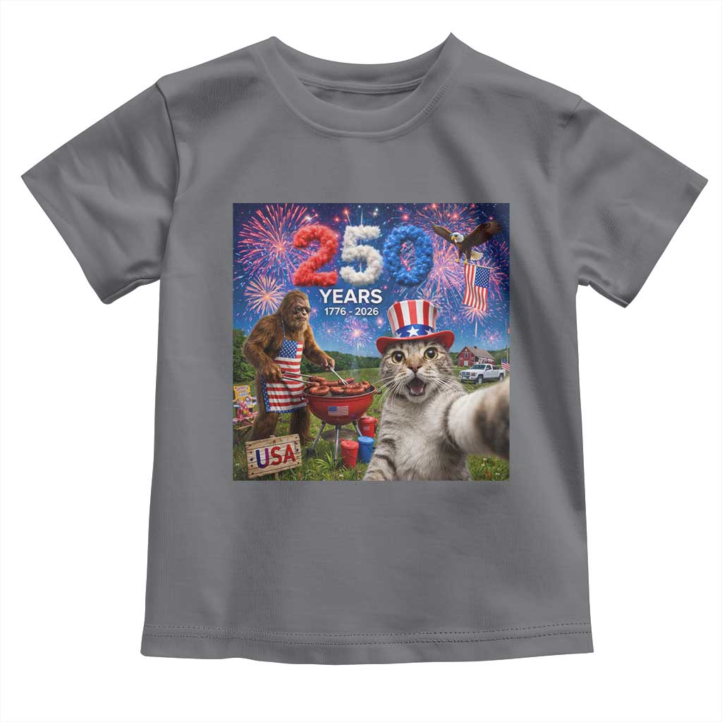 Cat Selfie with Bigfoot USA 250 Years Toddler T Shirt Funny 4th Of July Cat Graphic TS11 Charcoal Print Your Wear