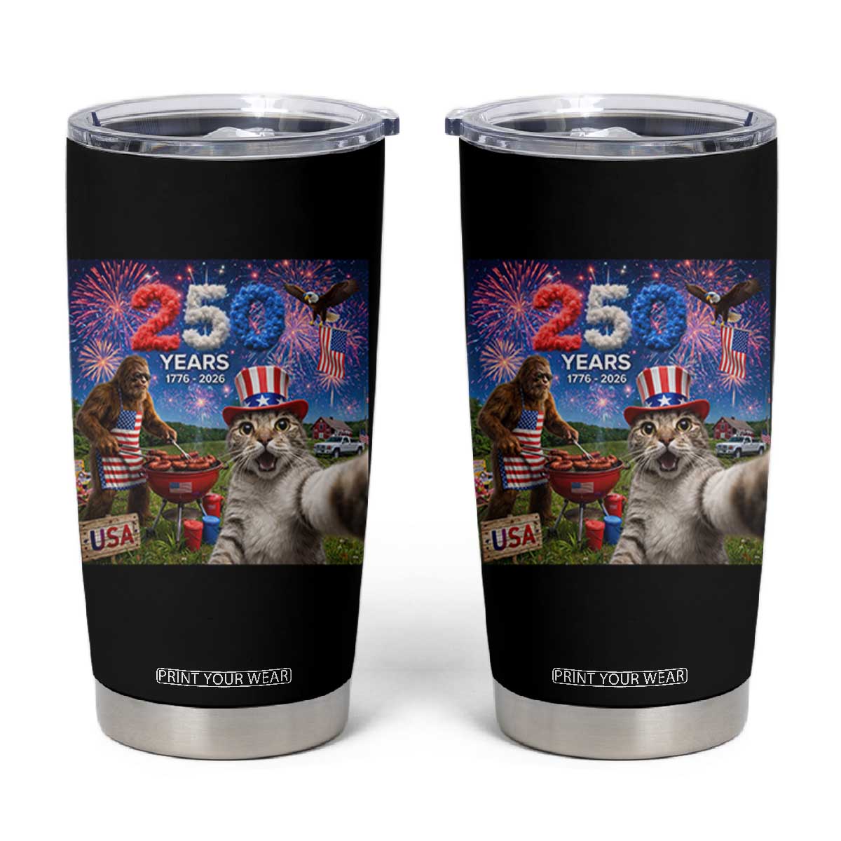 Cat Selfie with Bigfoot USA 250 Years Tumbler Cup Funny 4th Of July Cat Graphic TS11 Black Print Your Wear