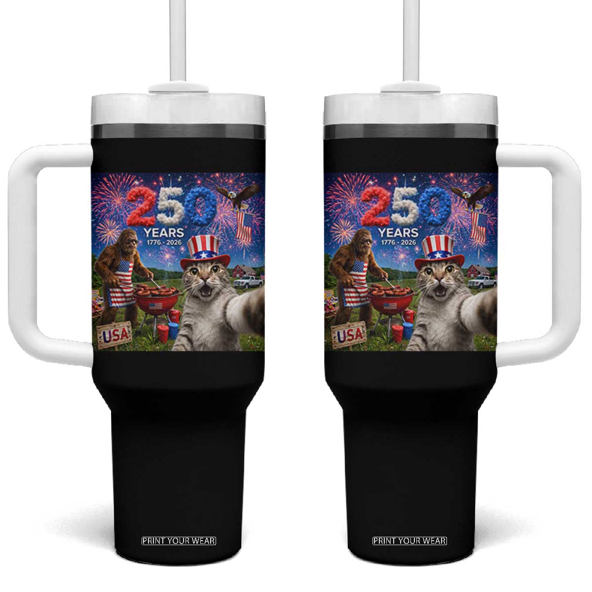 Cat Selfie with Bigfoot USA 250 Years Tumbler With Handle Funny 4th Of July Cat Graphic TS11 One Size: 40 oz Black Print Your Wear