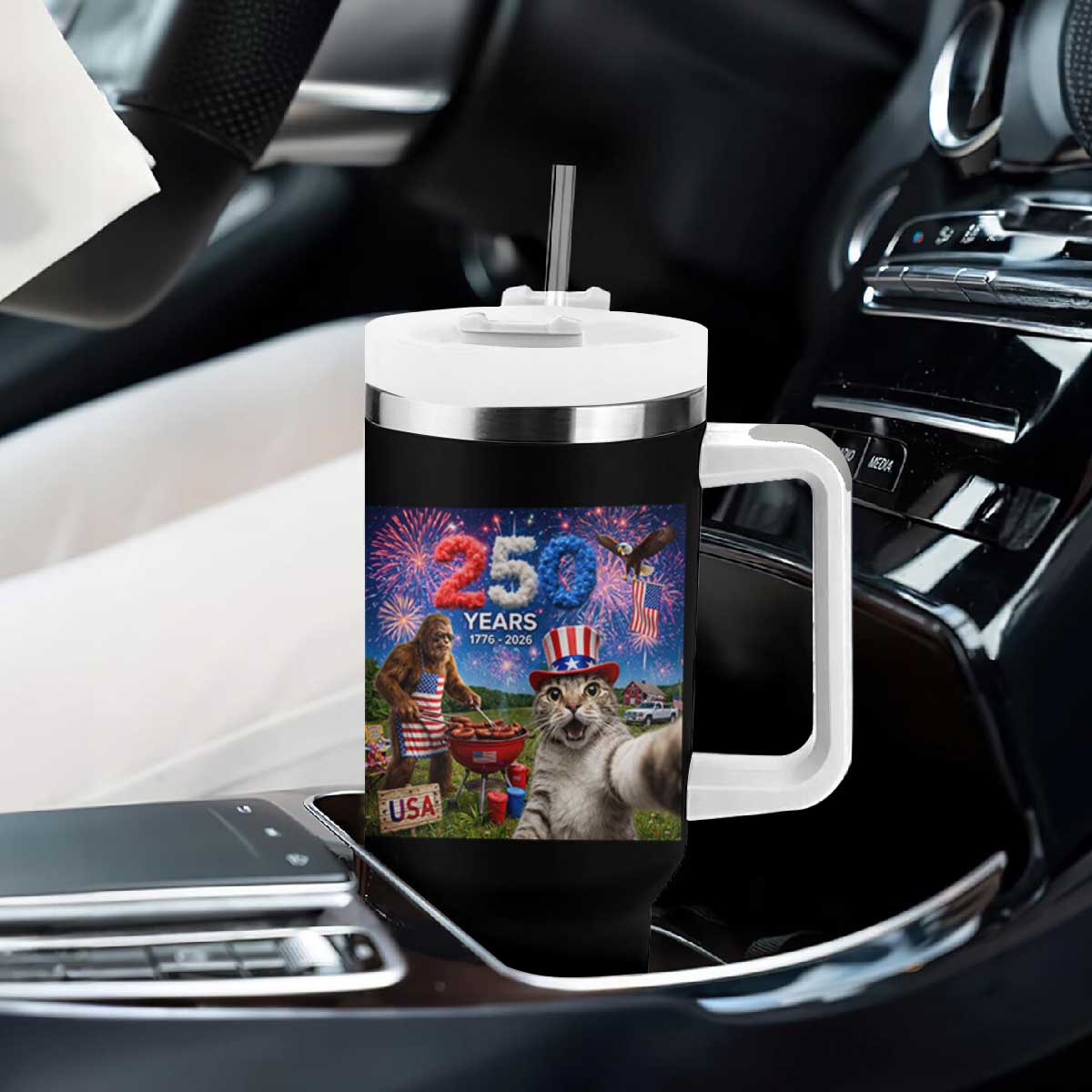 Cat Selfie with Bigfoot USA 250 Years Tumbler With Handle Funny 4th Of July Cat Graphic TS11 Print Your Wear