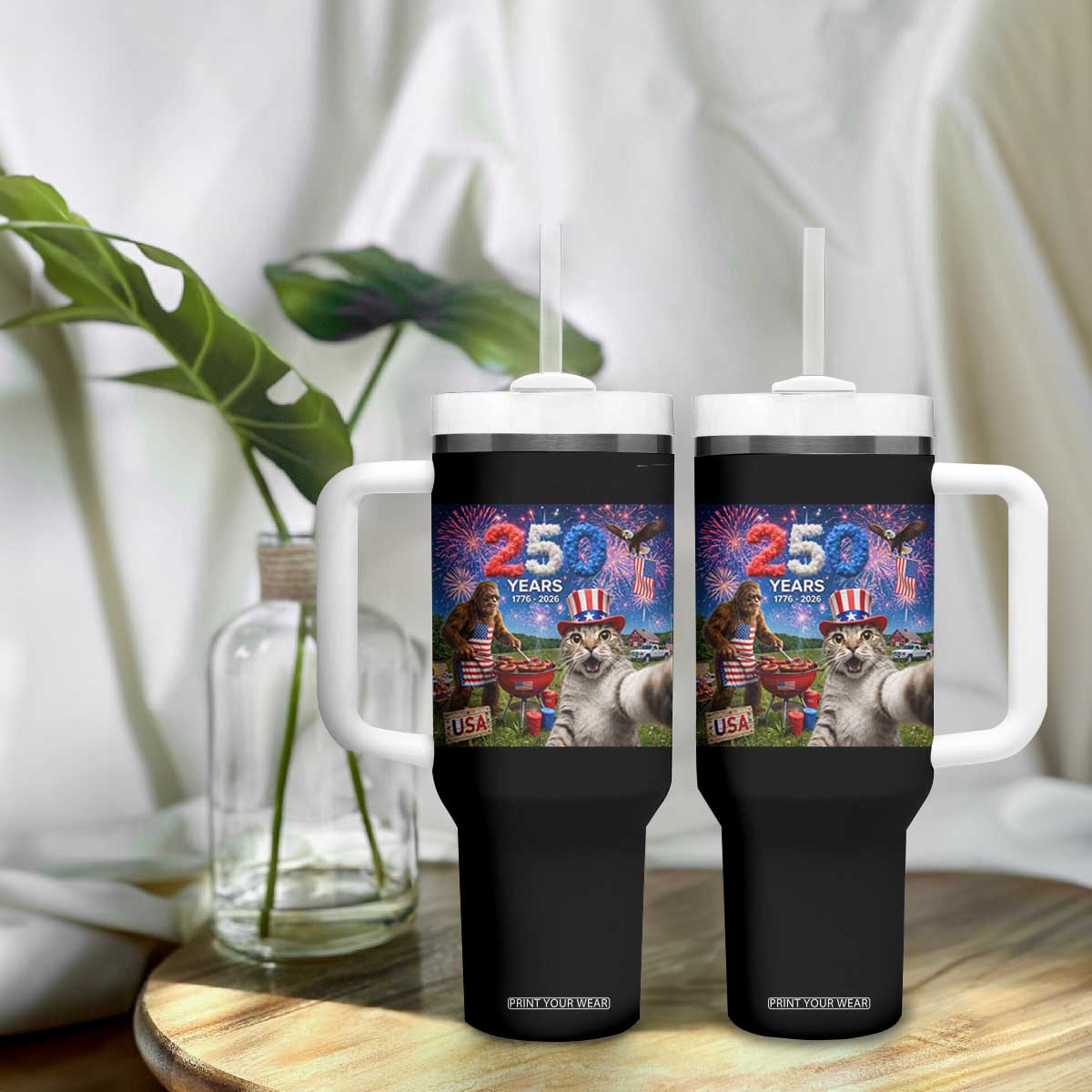 Cat Selfie with Bigfoot USA 250 Years Tumbler With Handle Funny 4th Of July Cat Graphic TS11 Print Your Wear