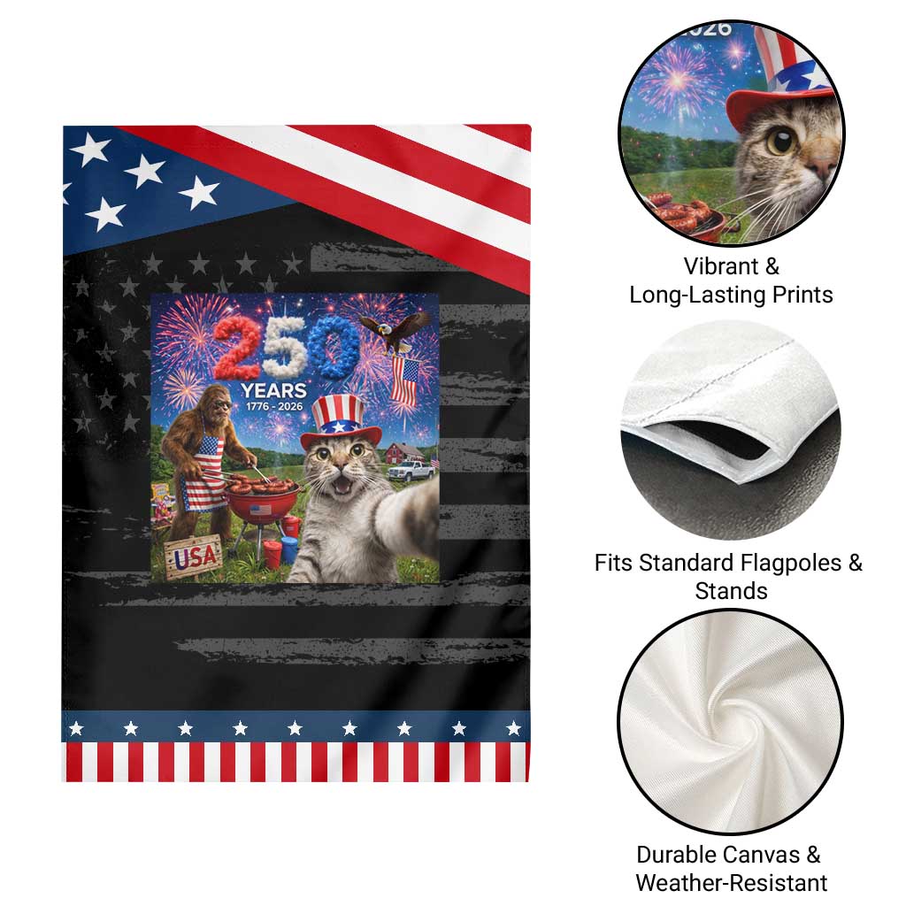 Cat Selfie with Bigfoot USA 250 Years Patriotic Garden Flag Funny 4th Of July Cat Graphic TS11 Print Your Wear