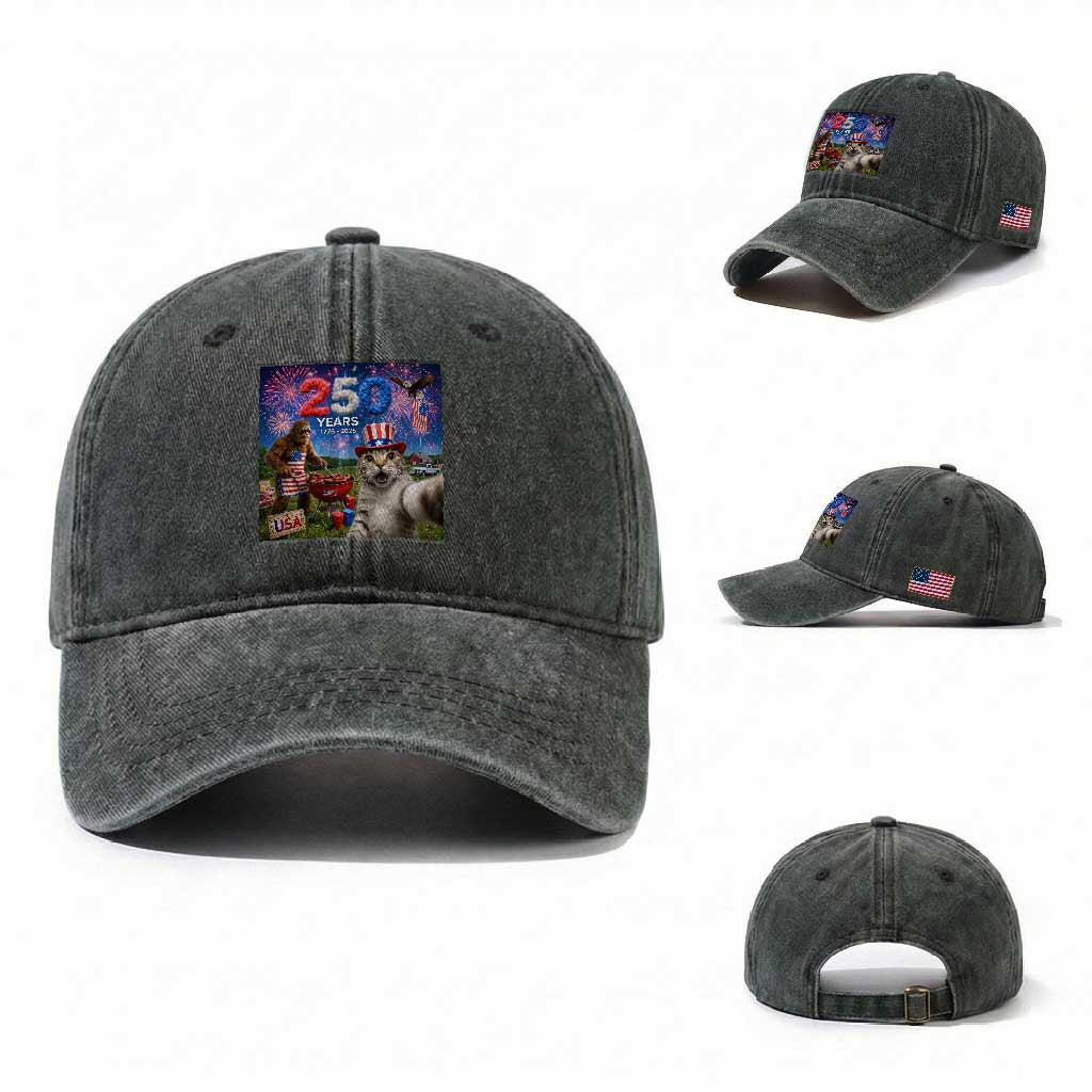 Cat Selfie with Bigfoot USA 250 Years Washed Cotton Baseball Cap Funny 4th Of July Cat Graphic TS11 Washed Cap Universal Fit Dark Green Print Your Wear