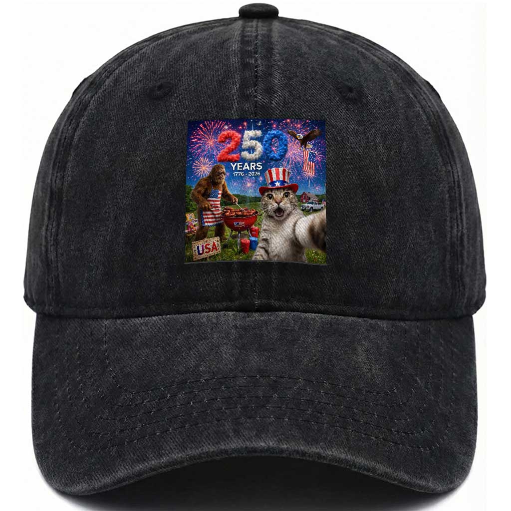 Cat Selfie with Bigfoot USA 250 Years Washed Cotton Baseball Cap Funny 4th Of July Cat Graphic TS11 Print Your Wear