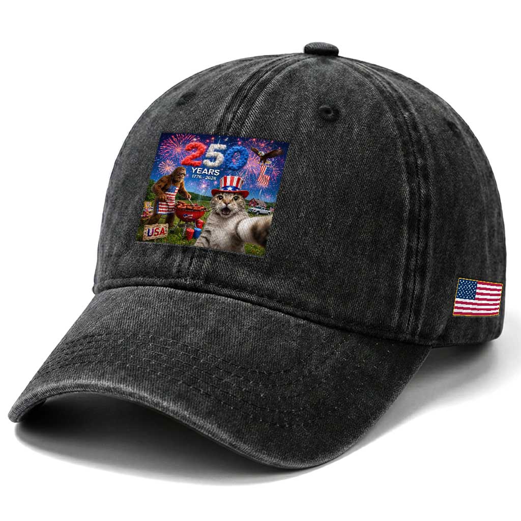 Cat Selfie with Bigfoot USA 250 Years Washed Cotton Baseball Cap Funny 4th Of July Cat Graphic TS11 Print Your Wear