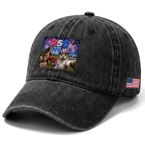 Cat Selfie with Bigfoot USA 250 Years Washed Cotton Baseball Cap Funny 4th Of July Cat Graphic TS11 Print Your Wear