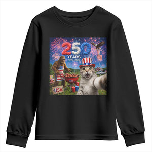 Cat Selfie with Bigfoot USA 250 Years Youth Sweatshirt Funny 4th Of July Cat Graphic TS11 Black Print Your Wear