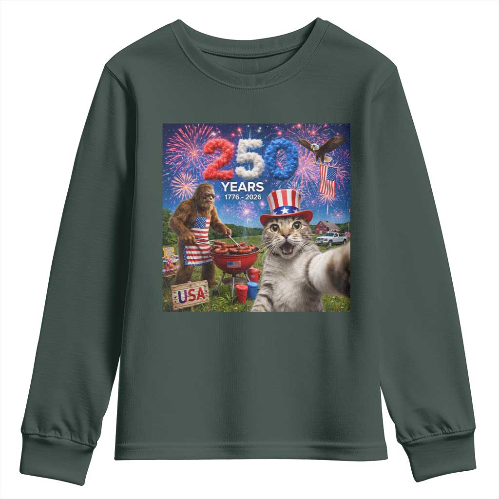 Cat Selfie with Bigfoot USA 250 Years Youth Sweatshirt Funny 4th Of July Cat Graphic TS11 Dark Forest Green Print Your Wear