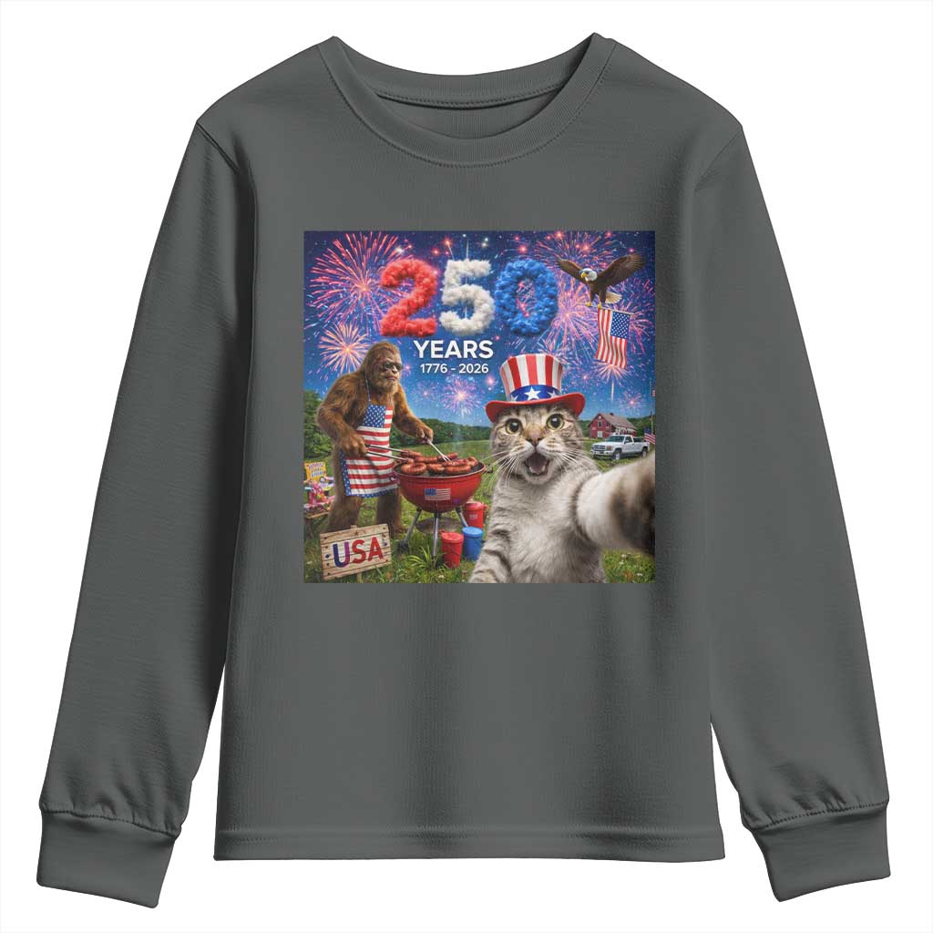 Cat Selfie with Bigfoot USA 250 Years Youth Sweatshirt Funny 4th Of July Cat Graphic TS11 Dark Heather Print Your Wear